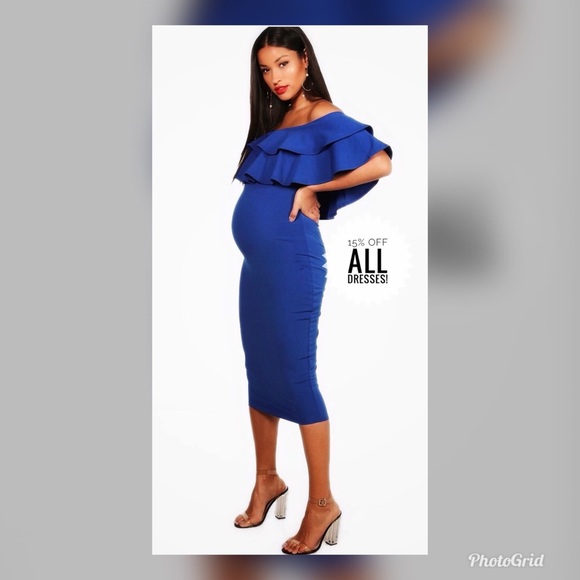 royal blue off the shoulder maternity dress